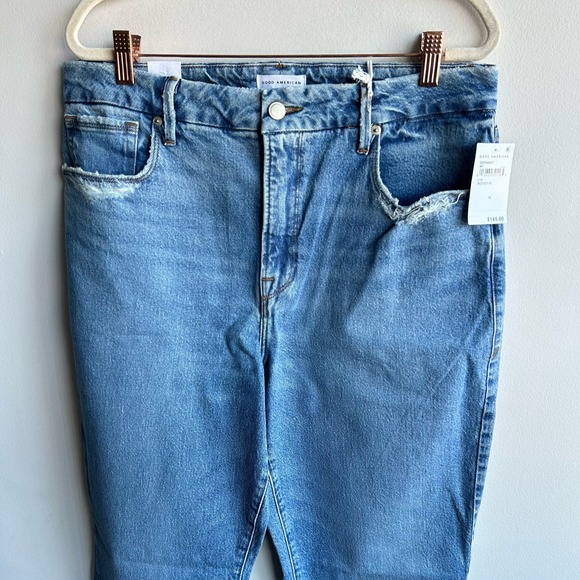 Good American Straight Jeans Women Size 14 Blue Distressed Cropped High Rise NWT - Picture 8 of 9